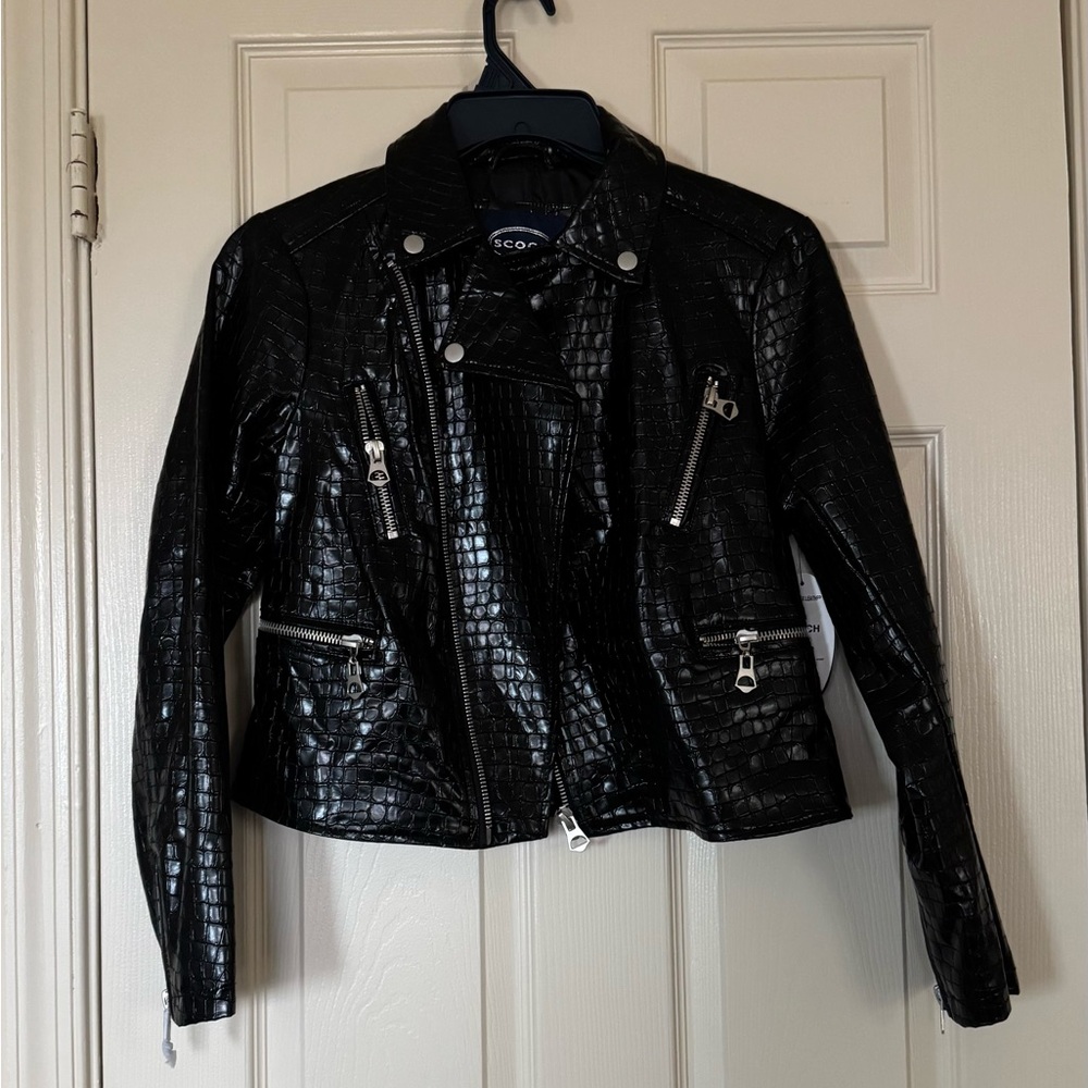 Scoop Black Croc-Embossed Faux Leather Moto Jacket